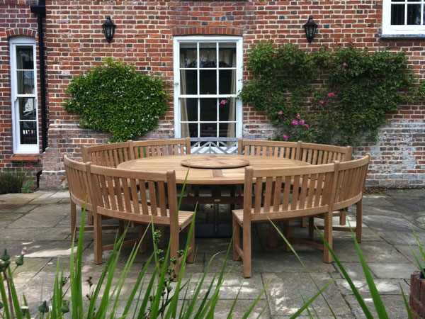 Product photograph of Chunky 2 1m Teak Table And Contour Benches Fsc Certified from The Garden Furniture Centre Ltd