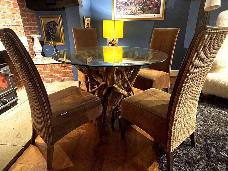 Product photograph of Ace Reclaimed Teak 4 Chair Round Dining Set from The Garden Furniture Centre Ltd