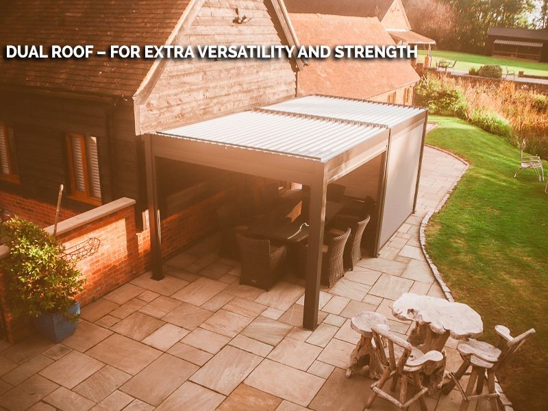 Product photograph of Eclipse 5m X 3m Led Motorised Pergola Wall Mounted from The Garden Furniture Centre Ltd