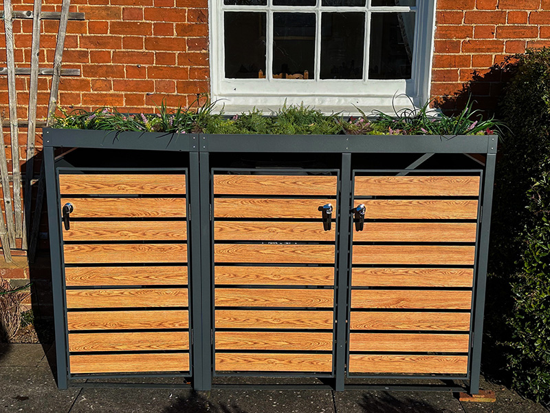 Product photograph of Galvanized Steel Wheelie Bin Cover With Planters Triple Pre-order from The Garden Furniture Centre Ltd