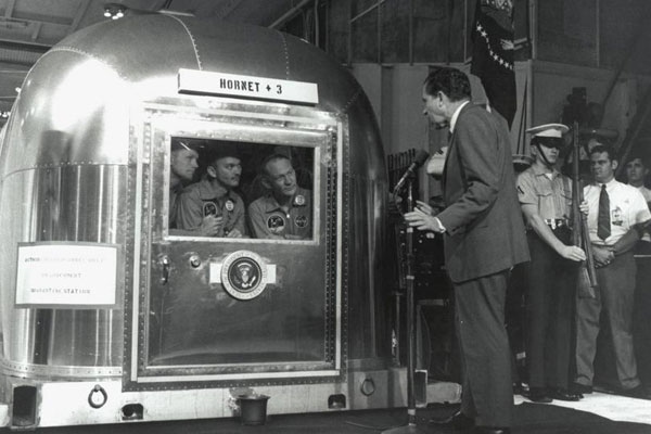 Apollo 11 crew in an airtight Airstream trailer